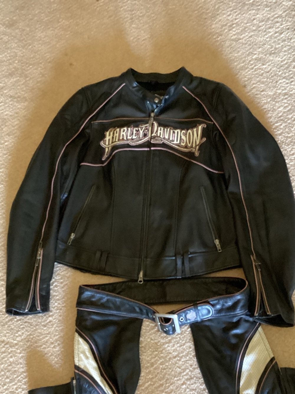 Harley-Davidson Black Leather Jacket, Pink Trim, with matching chaps